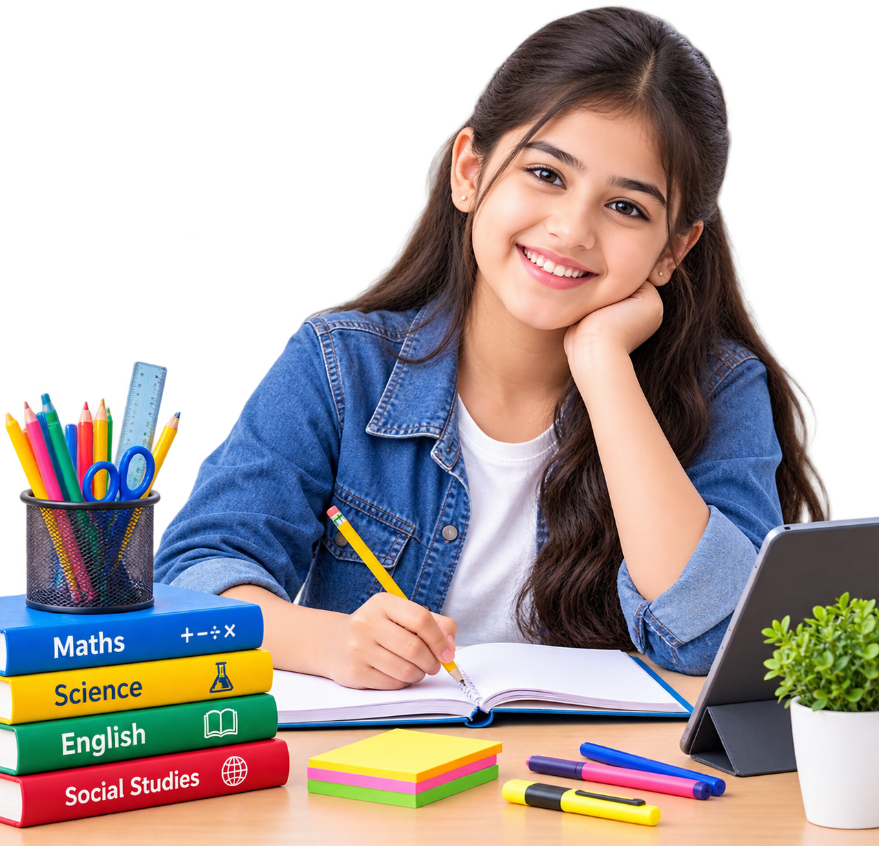 Student studying with books